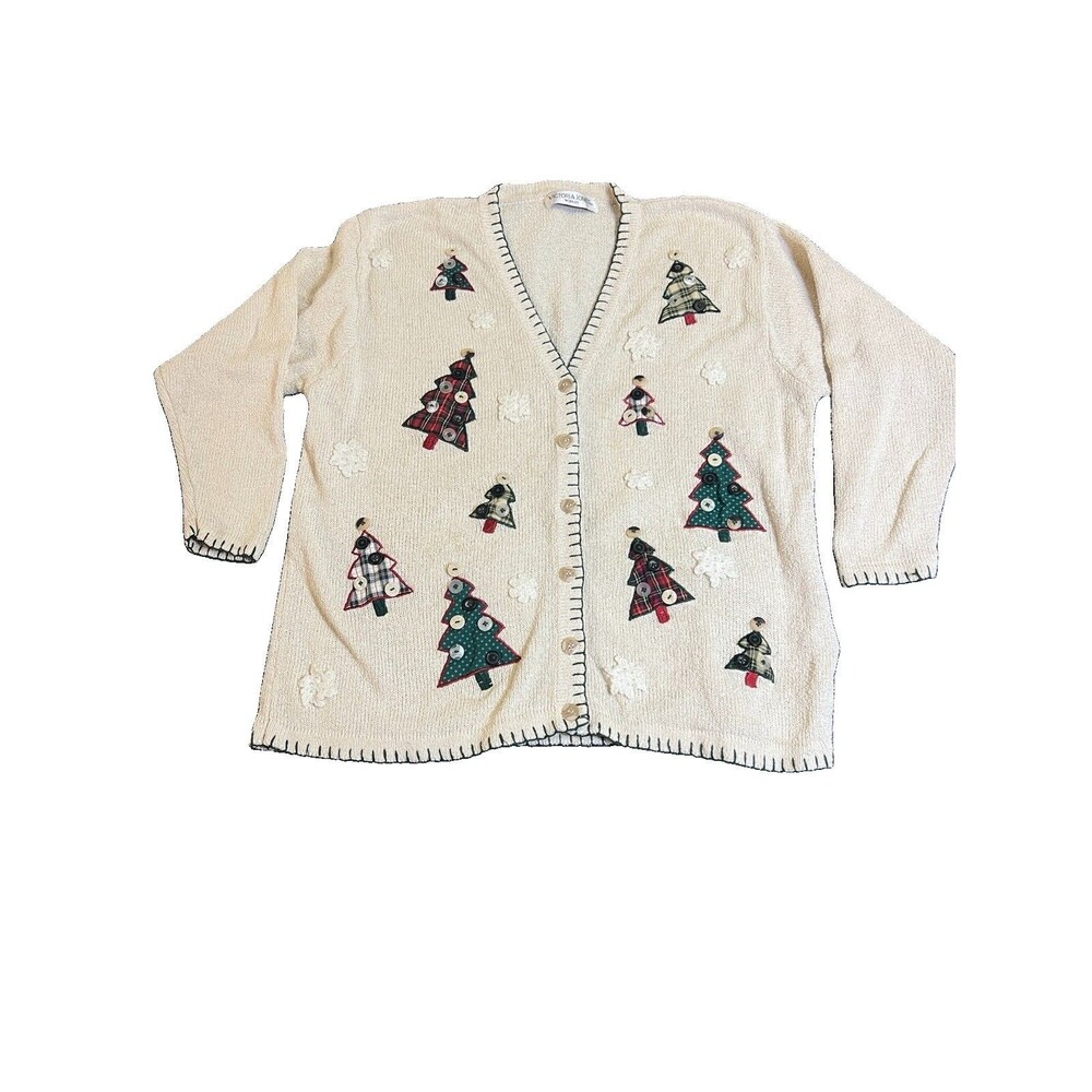 Vtg 90’s Christmas Cardigan Beige Plus size Grandmacore Teacher Farmhouse Style
